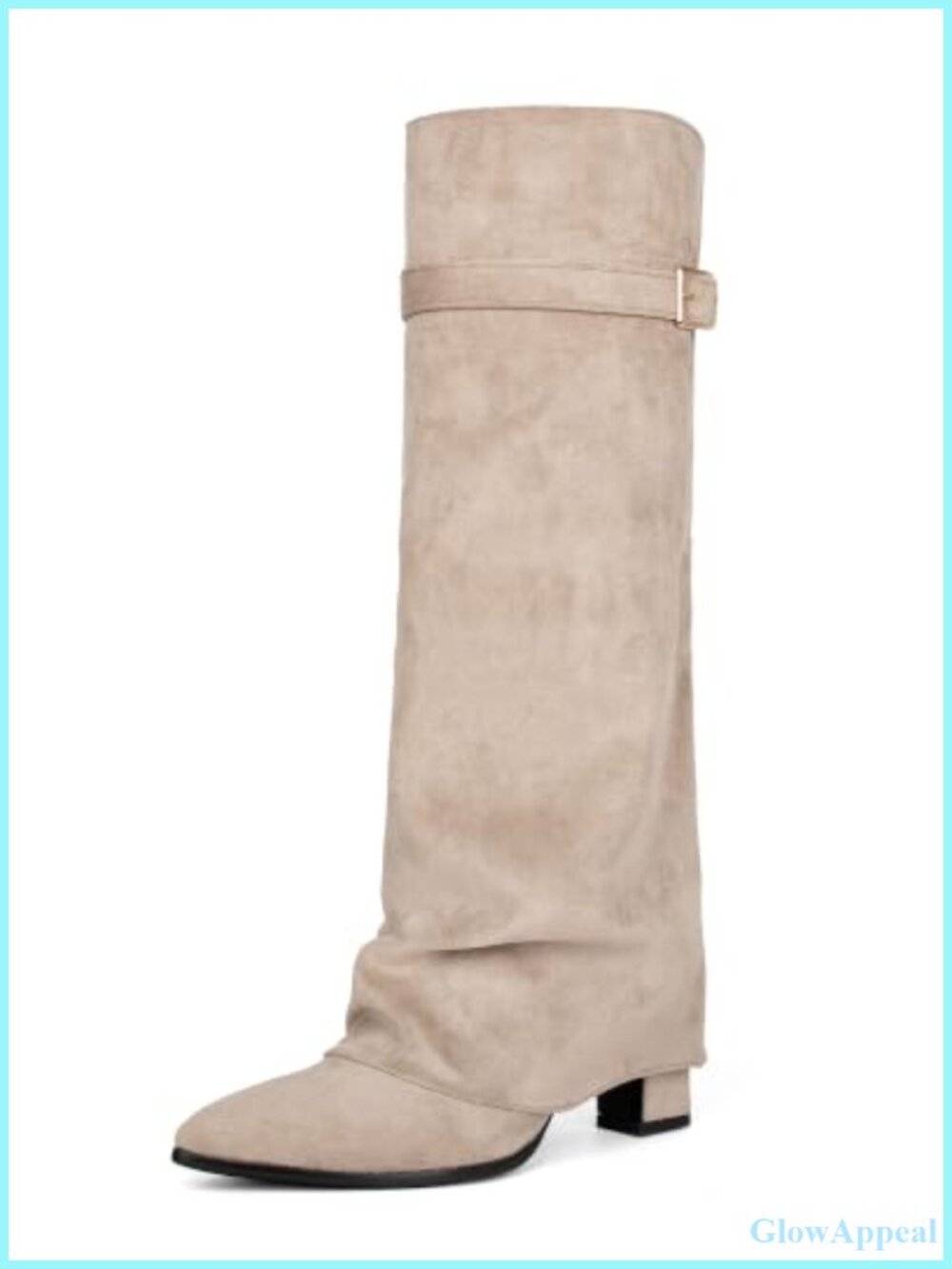 Faux Suede Knee High Fold Over Block Heel Boots Pointed Toe Slouchy